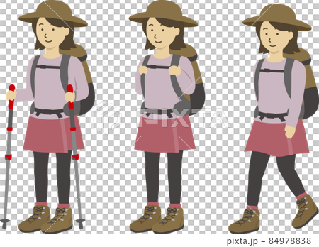 登山女性のイラスト(トレッキングポール、立つ、歩く)3パターン 登山女性のイラスト(トレッキングポール、立つ、歩く)3パターン 84978838
