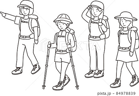 ハイキング・登山する山ガールイラストセット(線画) 84978839