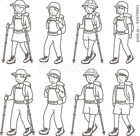 線画の登山男女まとめイラストセットのイラスト素材