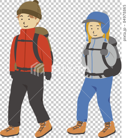 リュックを背負って歩く登山男女ペアセット(冬)2 84978865