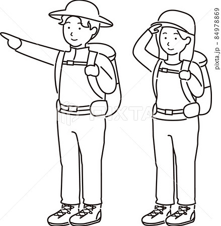 指をさす男性と見渡す女性ハイキング 登山男女ペアセット 線画 2のイラスト素材
