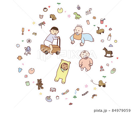 4人の赤ちゃんとベビー用品のあしらいセット 84979059