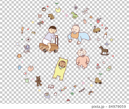 4人の赤ちゃんとベビー用品のあしらいセット 84979059