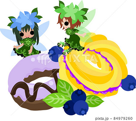 可愛い花の妖精たちとブルーベリーのドーナツのイラストのイラスト素材