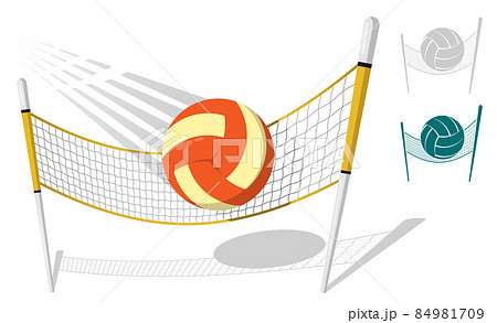 Cartoon volleyball ball flies with great speed after great hit flies into net. Sport equipment. Illustration for beach and classic volleyball. Cartoon vector Cartoon volleyball ball flies with great speed after great hit flies into net. Sport equipment. Illustration for beach and classic volleyball. Cartoon vector 84981709