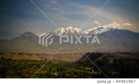 Panoramic view to Chachani mountain and Arequipa city from Yanahuara viewpoint in Arequipa, Peru 84981967