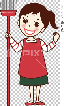 A smiling woman with a broom. 84982473