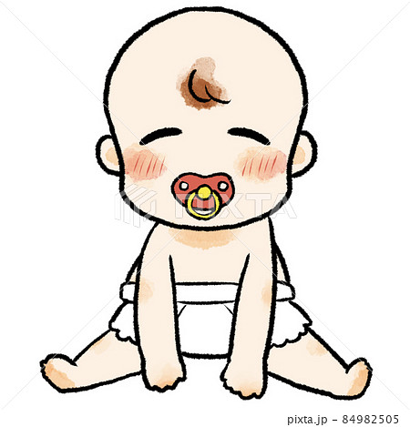 座って笑っているおしゃぶりを付けた赤ちゃんのイラスト素材