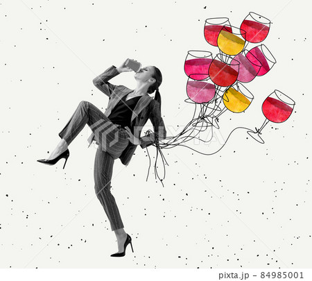 Contemporary art collage, modern design. Beautiful woman in business suit drinks coffee and strolling with wine glasses as balloons Contemporary art collage, modern design. Beautiful woman in business suit drinks coffee and strolling with wine glasses as balloons 84985001