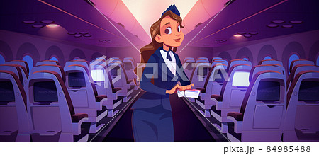 Stewardess with ticket inside airplane cabin 84985488