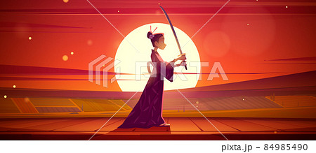 Japanese geisha wear kimono holding samurai katana 84985490