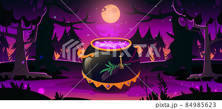 Forest with witch cauldron at night 84985623