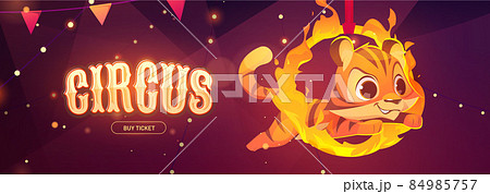 Circus banner with tiger jumping through fire ring 84985757