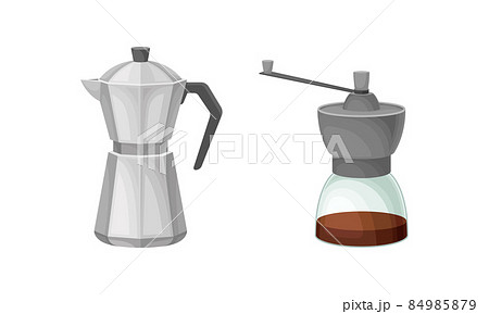 Coffee brewing equipment set. Geyser coffee maker and grinder vector illustration 84985879
