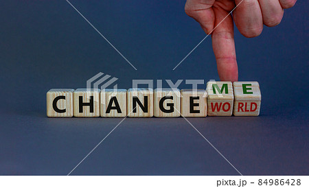 Change world or me symbol. Businessman turns wooden cubes and changes words 'change world' to 'change me'. Beautiful grey background, copy space. Business and change yourself concept. 84986428