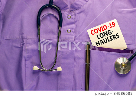 COVID-19 long-haulers covid symptoms symbol. White card with words Covid-19 long-haulers. Medical uniform, metalic pen and stethoscope. Medical, COVID-19 long-haulers covid symptoms concept. 84986685