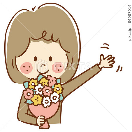 花束を持ち手を振る女性 84987014