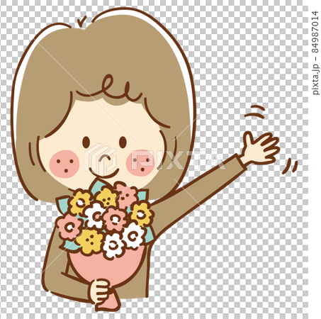 一個女人拿著一束花，揮舞著她的手 84987014