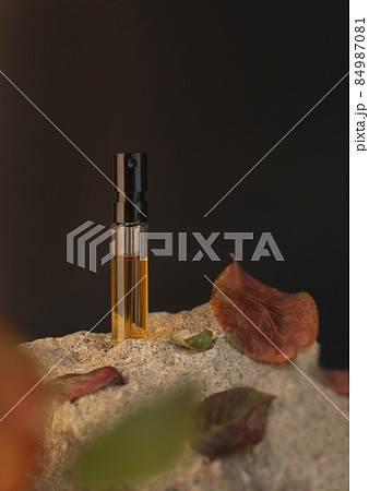 Beautiful glass sprayer bottle standing on a stone with apple leaves. Autumn cosmetic concept composition. Wooden scent perfume sample presentation. Luxury product advertising concept or mockup Beautiful glass sprayer bottle standing on a stone with apple leaves. Autumn cosmetic concept composition. Wooden scent perfume sample presentation. Luxury product advertising concept or mockup 84987081