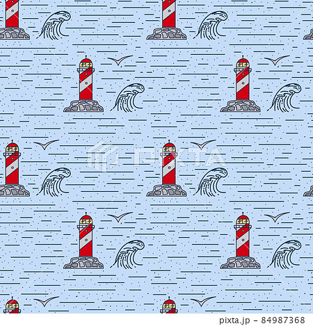 A pattern with a lighthouse and the sea. Cartoon wave line doodle. The background is a tower with a lantern in the ocean. 84987368