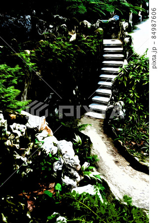 Illustration. Scenic view of a stone staircase in Quinta da Regaleira park, Sintra, Portugal 84987606
