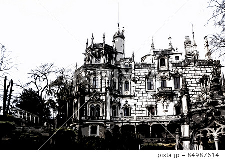 Illustration. The landmark of Portugal is the mysterious Quinta da Regaleira Palace in Sintra. 84987614