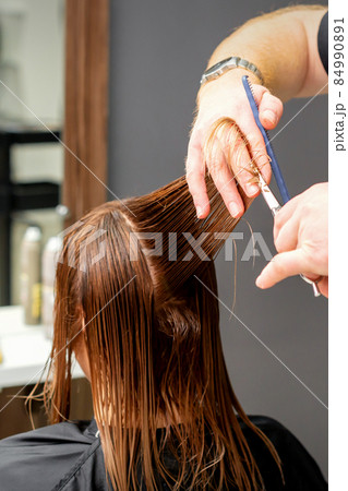 Woman having a new haircut. Male hairstylist cutting brown hair with scissors in a hair salon. Woman having a new haircut. Male hairstylist cutting brown hair with scissors in a hair salon. 84990891