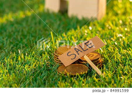 Wooden toy house on grass with sale sign Wooden toy house on grass with sale sign 84991599