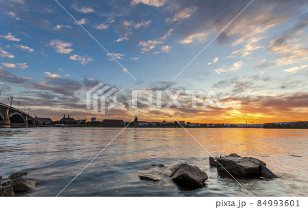 Beautiful sunset over Rhine / Rhein river and old bridge in Mainz near Frankfurt am Main, Germany. Beautiful sunset over Rhine / Rhein river and old bridge in Mainz near Frankfurt am Main, Germany. 84993601