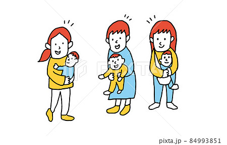 同い年くらいの赤ちゃんを抱っこしたお母さん、ママ友のイラストレーション 同い年くらいの赤ちゃんを抱っこしたお母さん、ママ友のイラストレーション 84993851