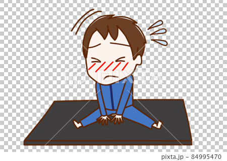 (全身對角線) 一個男孩張開雙腿，靈活運動，但身體僵硬，上半身不能向前傾斜。 84995470