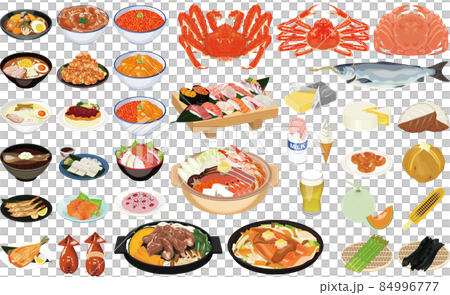 北海道の人気グルメ・名産のイラスト①（ジンギスカン、お寿司、ラーメン、かに、いくら、うに） 84996777