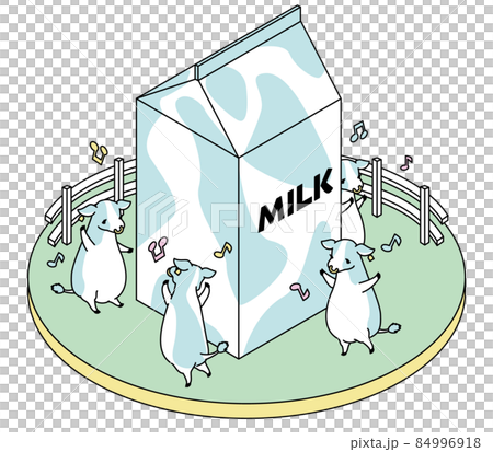 牛乳の周りで小躍りする牛たちのアイソメイラスト 84996918