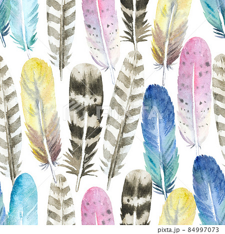 Boho seamless pattern with watercolor painted colorful feathers. Original background for design and fabric. Boho seamless pattern with watercolor painted colorful feathers. Original background for design and fabric. 84997073