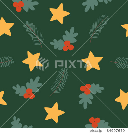 Seamless pattern with spruce branches and yellow stars on a green background. Vector flat illustration in vintage style. Merry Christmas and Happy New Year. Seamless pattern with spruce branches and yellow stars on a green background. Vector flat illustration in vintage style. Merry Christmas and Happy New Year. 84997650