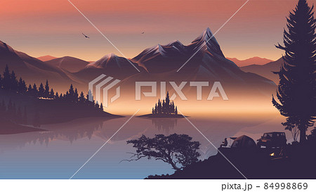 Vector illustration of a fire camp near the lake with beautiful mountains in the morning Vector illustration of a fire camp near the lake with beautiful mountains in the morning 84998869