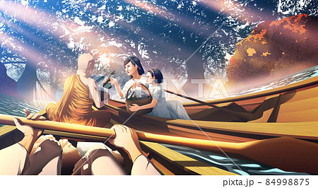 Buddhism vector illustration of mother and daughter rowed their boat to offer foods to a monk in the beautiful morning. Buddhism vector illustration of mother and daughter rowed their boat to offer foods to a monk in the beautiful morning. 84998875