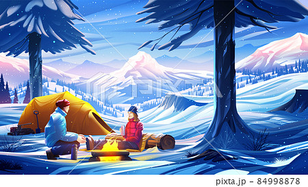 Scenery vector illustration of a couple are enjoying their snow camping in a national park Scenery vector illustration of a couple are enjoying their snow camping in a national park 84998878