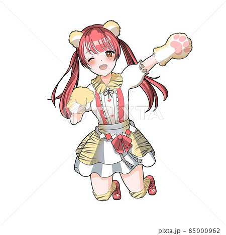 寅年のお祝いをする虎コスプレの赤担当ツインテールアイドルのイラスト