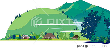 日本の懐かしい田舎と里山と古民家の風景のイラスト素材