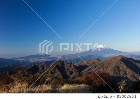 冬の丹沢　神奈川最高峰蛭ヶ岳山頂からの絶景　朝陽に映える富士山、愛鷹山 85002851