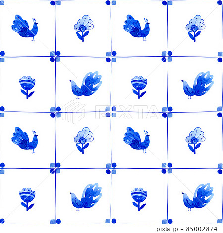 Seamless pattern imitating tiles with the image of fabulous birds and flowers. Seamless pattern imitating tiles with the image of fabulous birds and flowers. 85002874
