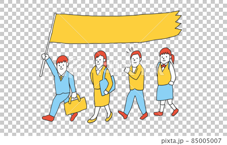 家長に続いて仲良く歩く四人家族 85005007