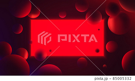 Futuristic vector gradient poster with glowing red rectangle on dark background, neon lighting with reflex on spheres, abstract illustration with geometric shapes 85005332