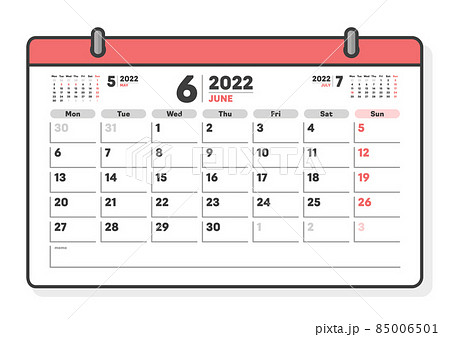 22年6月の日本の祝日入りカレンダー 月曜始まりのシンプルな月めくりカレンダーのイラスト素材