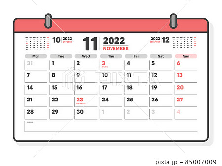 22年11月の日本の祝日入りカレンダー 月曜始まりのシンプルな月めくりカレンダーのイラスト素材