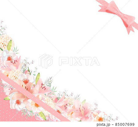エレガントなピンク系の百合の花と白いばらとリーフのかわいい水玉リボン付き招待状フレーム素材のイラスト素材