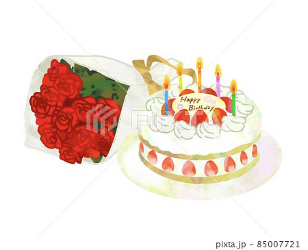 赤いバラのブーケと誕生日ケーキのイラストのイラスト素材