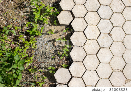 Concrete gray hexagon tiles, honeycomb tiles texture background, ground soil and grass weeds. Top view. 85008323