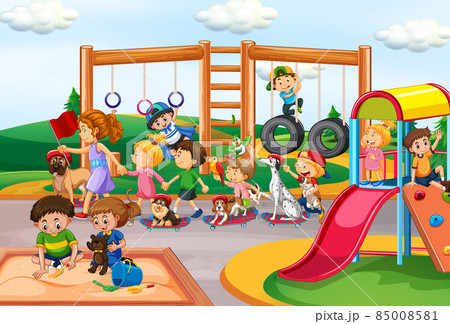 Kids playing with their animals at the playground Kids playing with their animals at the playground 85008581